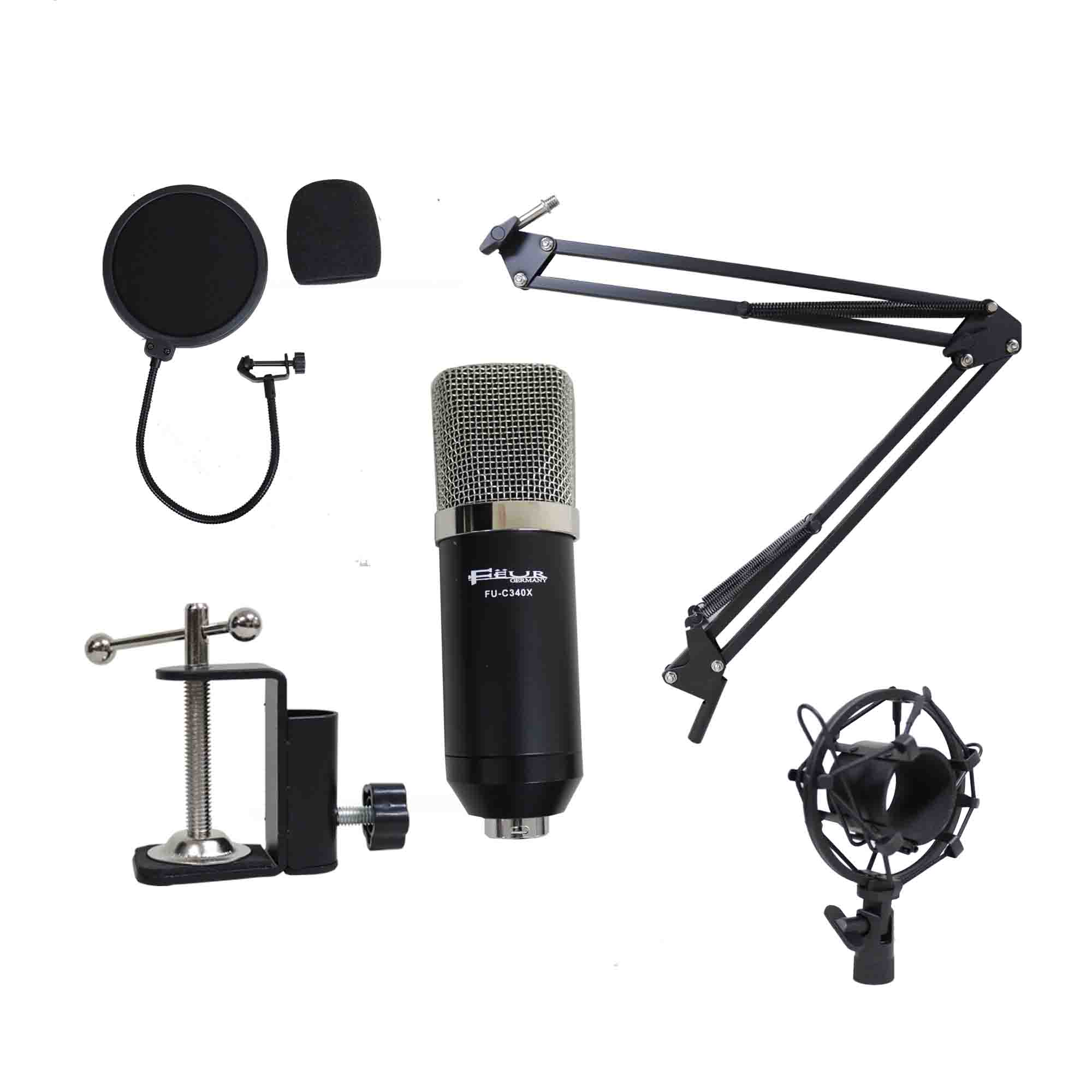 Kit de micrófono de condensador, pedestal, filtro y cables XLR Feur