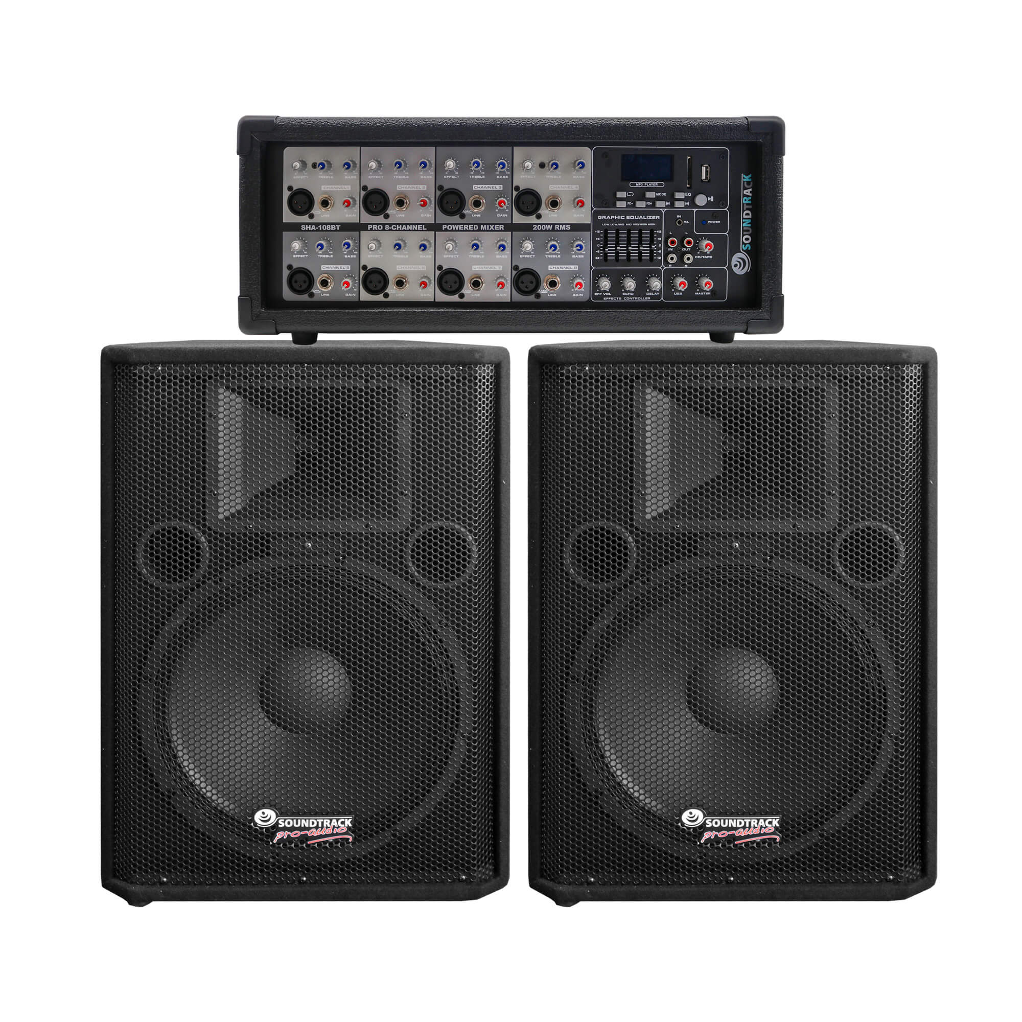 Combo consola 8 canales c/usb/blt parlantes 15" Soundtrack